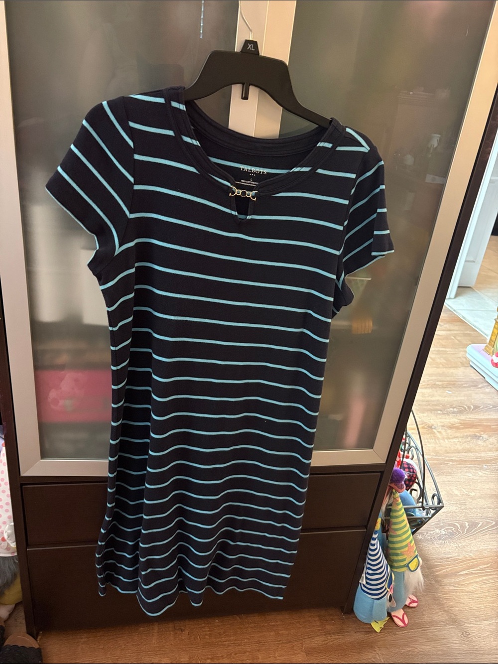 Talbots Navy Dress with Light Blue Stripes, Short Sleeve Midi